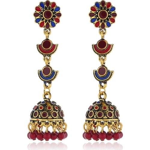 Indian Jhumka Earrings for Women Bohemian Vintage Gold Metal Colorful Beads Statement Earring Bridal Wedding Party Jewelry Gift
