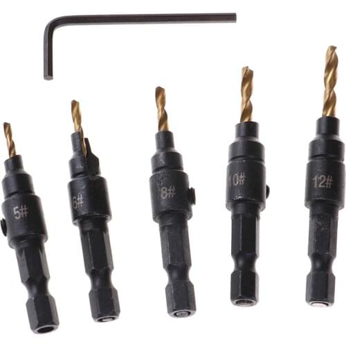 5pcs HSS Screw Countersink Drill Bit Set Quick Change Hex Shank Countersink Drill Bits # 5, # 6, # 8 , # 10 ,# 12