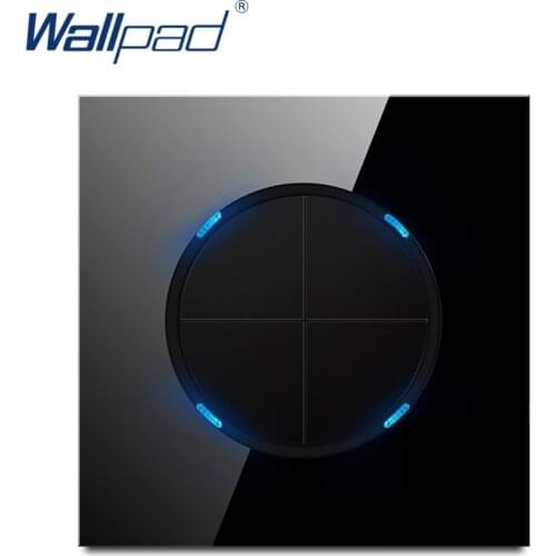 Wallpad L6 Black Tempered Glass 4 Gang 2 Way Wall Light Switch Random Click Push Return Button With Blue LED Indicator