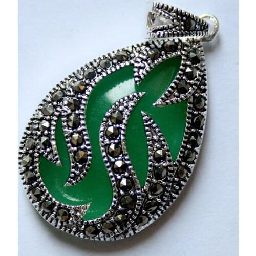 Natural Green jade Inlay Marcasite 925 Sterling Silver Ladys Pendant 30x20mm
