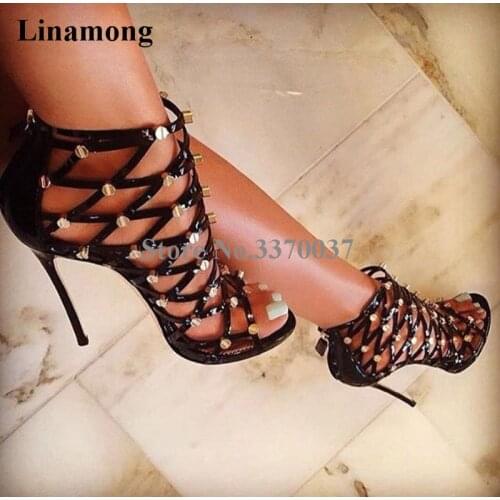 Summer New Fashion Women Open Toe Black Strap Cross Caged Gladiator Sandals Cut-out Gold Spike High Heel Sandals Dress Shoes