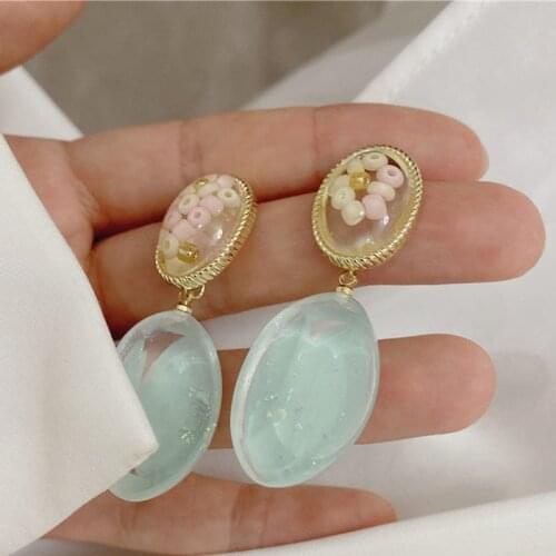Origin Summer Fashion Vintage Oval Geometric Blue Resin Dangle Earring for Women Girls Multicolor Gold Metal Earring Jewelry