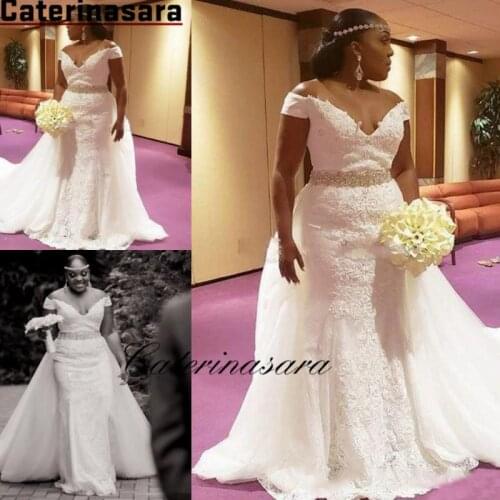 Off Shoulder Wedding Dresses Lace Appliques Beaded Mermaid Bridal Gowns With Sweep Train South African Lace Up