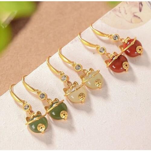 S925 sterling silver Gold plating Gray jade Southern red agate Cute All-matching Coins Cat Earrings Eardrops