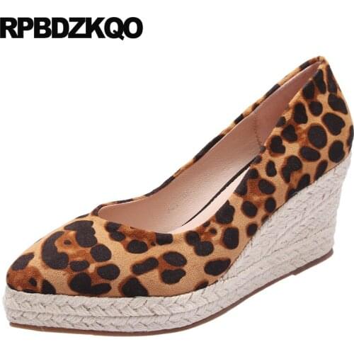 Leopard print high heels pumps pink slip on cheap plus size ladies wedge 4 34 shoes 3 inch suede pointed toe brown platform 2019