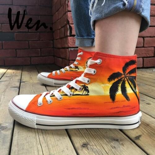 Wen Original Design Custom Hand Painted Canvas Shoes Hawaii Coconut Palm Tree Sunset High Top Sneakers Unisex Special Gifts