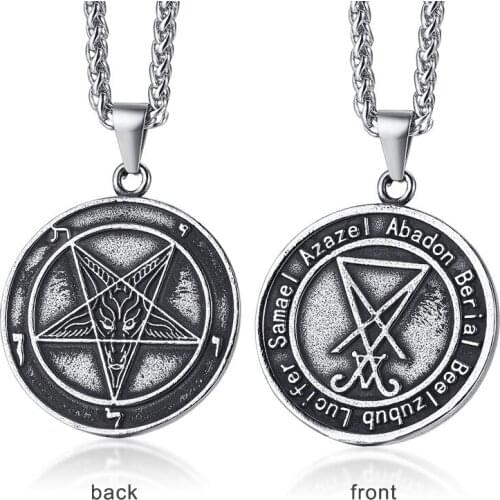 Vintage Sigil Of Lucifer Coin Pendant Necklace Pagan Occult Satanic Inverted Cross Gift Titanium Steel Chain Jewelry For Men