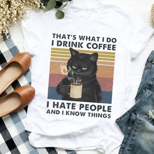 Women Lady Cat Coffee Animal Striped Kawaii Fall Halloween Print T Tee Womens Tshirt Female Shirt Clothes Top Graphic T-shirt