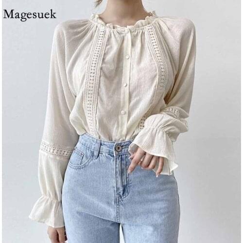 Ruffled Round Neck Lace Casual Sweet Flare Sleeve Autumn Shirts Women New 2020 Long Sleeve Apricot Color Womens Blouses 11450