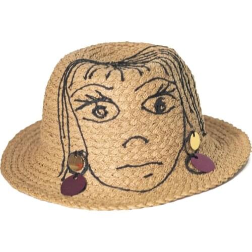 Kavshak Girl with Earring Figured Woman Straw Hat Design Hat Beach Sun Hat Cap Lady Summer Wide Brim Protection Hat 2021 Style