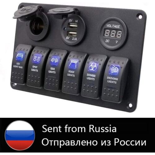 12V~24V For Car SUV Marine RV Truck Camper Boat With LED Voltmeter Dual USB Charging 6 Toggle Rocker Control Switch Panel