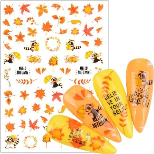 3D Gold Maple Leaves Lavender Colorful Flowers Autumn Self-adhesive Stickers Paper Mix Pattern DIY Nail Art Decorations