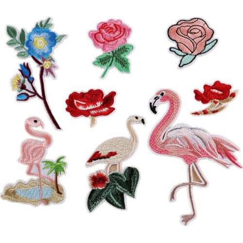8Pcs Rose Flower Bird Patches Mixed Iron On DIY Clothing Embroidered for T-Shirt Bag Appliques Fabric Sticker Sewing Accessories