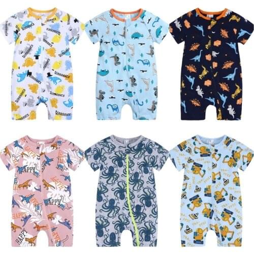Newborn Infant Baby Boy Girl Bodysuit Summer Zipper Jumpsuit Cartoon Dinosaur Casual Short Sleeve Outfits Kids Clothes
