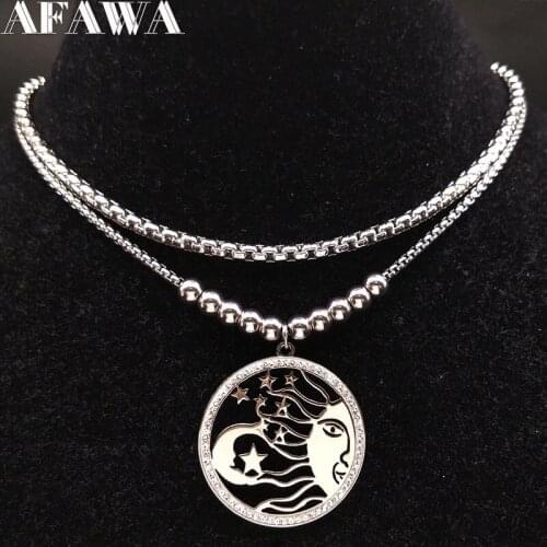 2021 Fashion Sun Moon Crystal Stainless Steel Chain Necklace Women Silver Color Statement Necklace Jewelry gargantillaN62S01