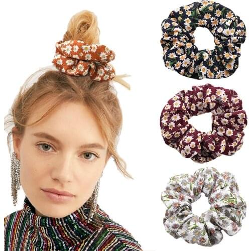 Spring Chiffon Scrunchie Print Pleated Headband Elastic Hair Bands Womens Fashion Ponytail Holder Hair Ties Hair Accessories