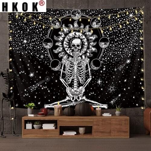 HKOK Starry Sky Tarot Skull Tapestry Wall Hanging Fabric Mural Background Cloth Wall Rugs Towel Beach Blanket Dorm Living Decor