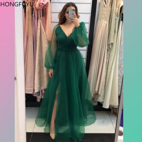 HONGFUYU Side Slit Sexy A-line Prom Dresses 2021 Long Sleeves robe de soiree longo V-neck Tulle Evening Gowns for Women Party