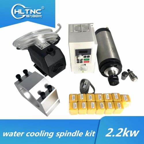 Water cooling cnc spindle motor kit 2.2 kw 220v/380v water cooled spindle+ VFD+ water pump +80mm bracket+ ER20 collets for CNC
