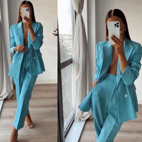 Summer Lake Blue Suits Women Set Tailleur Femme Mother Of Bride Double Breasted Jackets With Pants Solid Office Lady Blazers