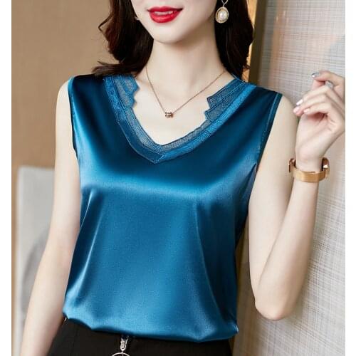 Summer elegant vest ladies silk vest 100% silk satin sleeveless lace V-neck satin plus size vest ladies 2021