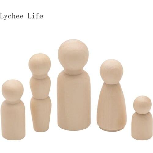 Lychee Life 5Pcs/lot Unfinished Wooden Peg Dolls Toy People Manual Painting Family Painting Dolls Handmade Wood Crafts