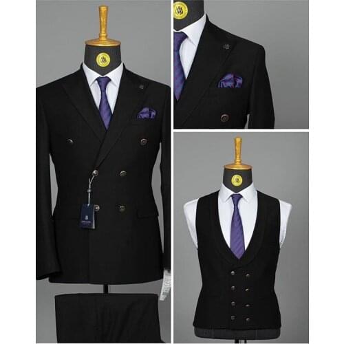Latest Design Black Formal Double Breasted Men Suits Fashion Groom Tuxedos Wedding Party Mens Suits (Jacket+Pants+vest+Tie)