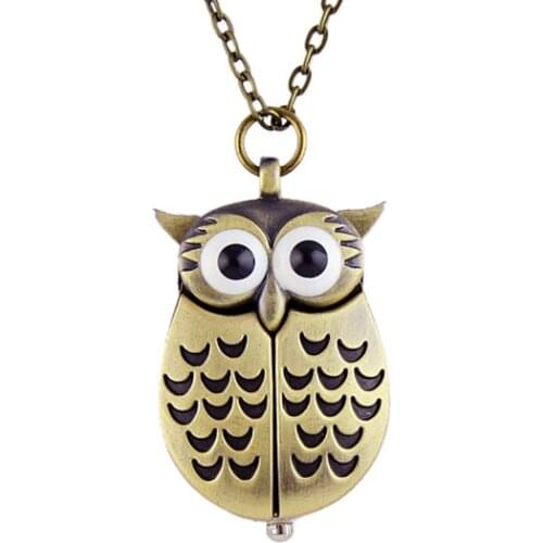 New Cute Style Retro Unisex Vintage Bronze Slide Smart Owl Pendant Antique Necklace Pocket Watch Gift High Quality