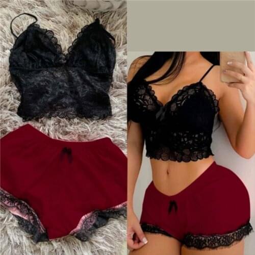 Summer Women Sexy Pajamas Set 2Pcs Sleeveless V Neck Camisole Loose Elastic Waist Patchwork Shorts Fashion Lasies Homewear Suit