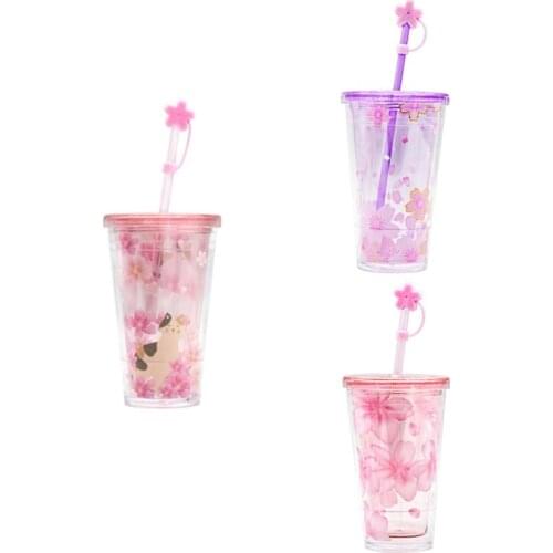 Plastic Cup Flower Double Layer Straw Cup Flat Cover Plastic Transparent Handy Cup Creative Gift