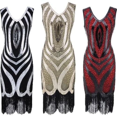 Sequins & Beads Dress Women Dance Wear V-neck Long Fringes Side Zipper Latin Dance Dresses Flapper Dress