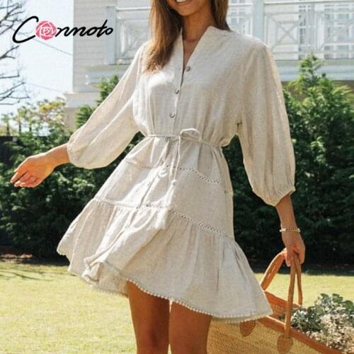 Conmoto Solid High Waist Long Sleeve Dress Cotton linen Holiday Style A-line Women Dress Spring Summer Female Short Dress loose