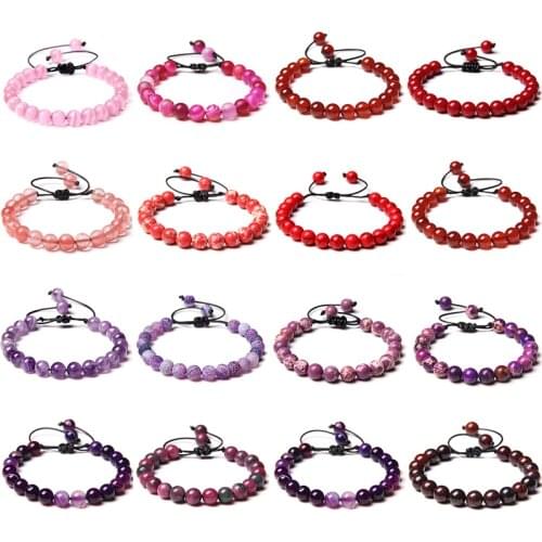 Handmade Fashion Braided Beaded Bracelet 8mm Natural Red Purple Round Agat Stone Beads Womens Girl Friend Bracelet Gift Jewelry