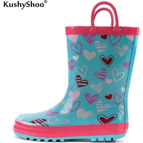 KushyShoo Kids Rubber Boots Girls Non-Slip Lovely Rain Boots with Handles Sweat Heart Children Outdoor Rain Boots for Toddler