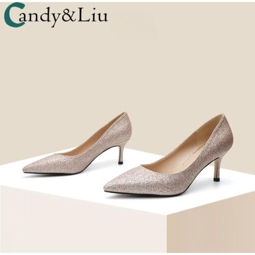 Champagne Sequin Wedding Shoes 2021 Spring Autumn New 6cm Shallow Mouth Bridesmaid High Heels Medium Thin Heel Pointed Shoes