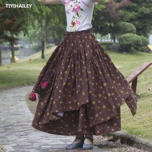 TIYIHAILEY Free Shipping 2021 New Long Maxi A-line Elastic Waist Women Cotton Linen Print Flower Irregular Brown Skirts