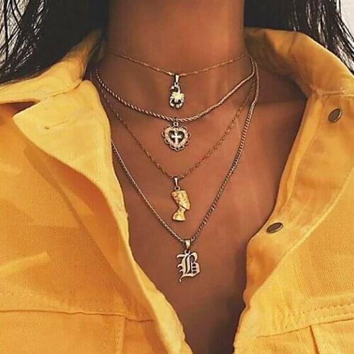Vintage Scorpion Heart Cross Letter Totem Figure Face Pendant Necklace Women Multilayer Geometric Necklace Jewelry Kolye GN86