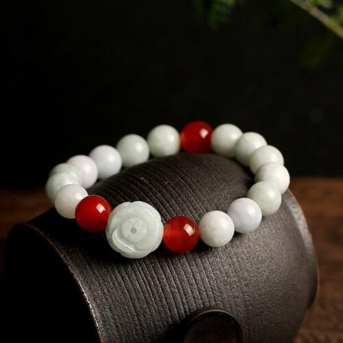 Women Bracelets Bangles AAA Jadeite Emerald Bracelets Rose Flower Red Agate Round Beads Bracelets for Womens Jade Stone Jewelry