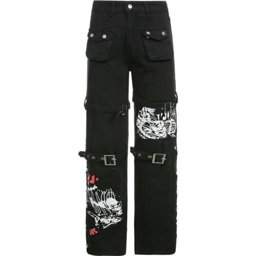 2021 New Women Goth Punk High Waist Jeans Harajuku Metal Buckle Hip Hop Print Cargo Pants Wide Leg Baggy Loose Denim Trousers