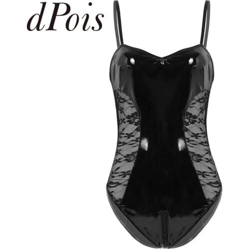 Women Sexy One-piece Wetlook Patent Leather Lingerie Adjustable Spaghetti Straps Double Zippered Crotch Thong Leotard Bodysuit