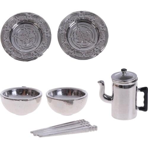 1:12 Dollhouse Mini Kitchen Set Kettle+2pcs Plates+2pcs bowls+2pair Chopsticks Dollhouse Acessories New