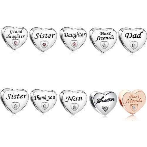 5PCS High Quality Plated European Family Daughter Best Friends Forever Heart Bead Fit Women Bracelet & Bangle DIY Jewelry Making