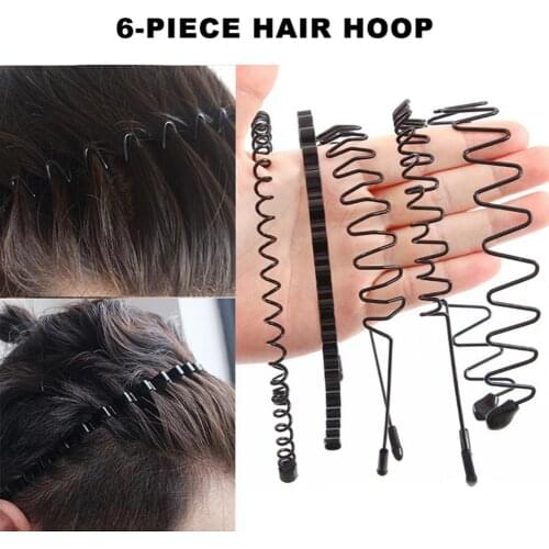 6PCS Unisex Simple Black Metal Hairband Spring Wavy Hair Hoop Anti-slip Headband Hair Accessories For Men Women Face Headband