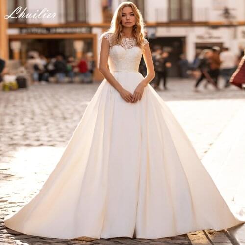 Lhuilier A Line Sleeveless Satin Wedding Dresses 2021 Floor Length Illusion Back Bridal Gowns Court Train with Pockets