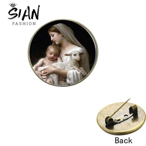 SIAN Blessed Virgin Mary Mother of Baby Brooch Button Gold Jesus Cross Christian Photo Glass Dome Pins Badges Religious Jewelry
