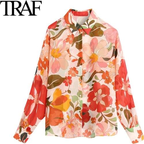 TRAF Za Womens Clothes Summer Long Sleeve Blouses Loose Button Up Chic Office Ladies Tops French High Fashion Floral Shirt