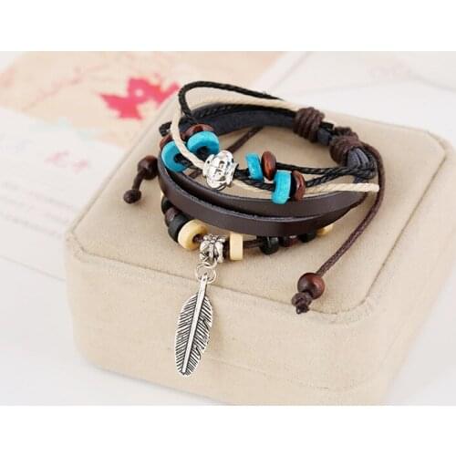 HOT Vintage Alloy Leaf Pendants Bracelet Handwork Cow Leather Bracelet & Bangles