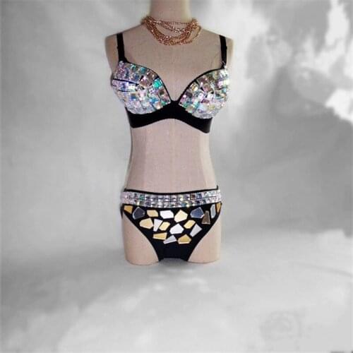 EC28 Ballroom dance Rhinestone costumes stage show wears bikini dj disco silver mirror bra dresses party bar performance clothe