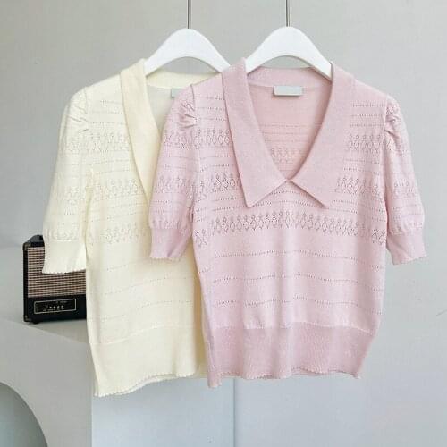 Short sleeve hollow out T-shirt 21 early spring V-shaped Lapel pullover with bubble sleeve short T-shirt for women