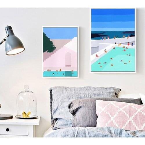 Greece Travel Poster Minimalist Swimming Pool Art Print Nordic Canvas Painting Modern Santorini Wall Picture Bedroom Home Decor